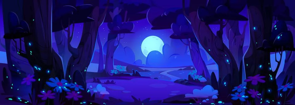 Night forest vector landscape scene with firefly Stock Illustration