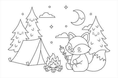 Night Fox Camping With Bonfire And Marshmallow Near Tent Outline Coloring P.. Ilustração Stock