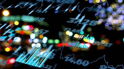 Night frames starting market data overlay shifting over bokeh, updating prices 動画素材 333145759