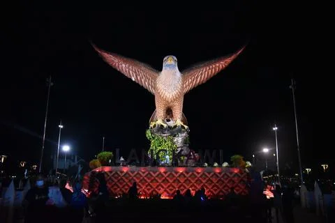 Night front view of Langkawi Eagle Monument Stock Photos