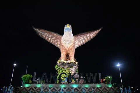 Night front view of Langkawi Eagle Monument Stock Photos