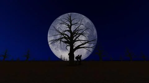 Night full moon withered trees two passers-by with backpacks climate 3d rende Stock Illustration