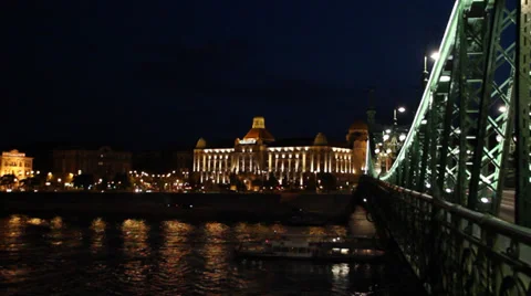 NIGHT GELLERT HOTEL 3 VIEW FROM LIBERTY BRIDGE SHIP LS Stock Footage 39389319