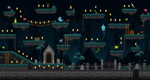 Night graveyard arcade game level map platforms イラスト素材
