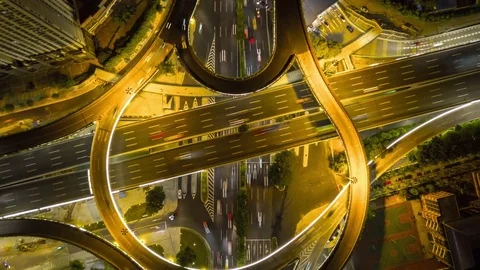 Night guangzhou city traffic road junction aerial top view 4k timelapse china Stock Footage