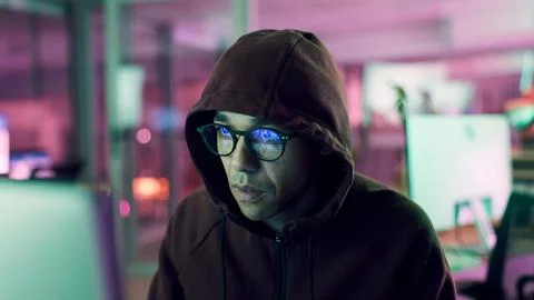 Night, hacker or man with computer for encryption breach, firewall attack o.. Stock Photos