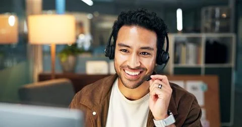 Night, headset or man with computer for customer service, help desk contact.. 写真素材