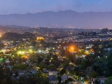 Night high angle view of the Los Angeles downtown Stock-Fotos