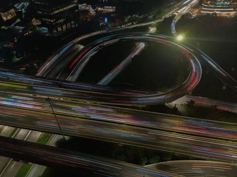 Night Highway Interchange, Light Trails Stock Photos