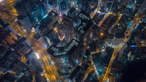 Night hong kong city downtown traffic aerial topdown panorama 4k timelapse Stock Footage