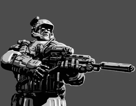 Night hunter with assault rifle. Vector illustration. Stock Illustration