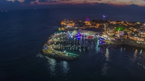 Night hyper lapse of boats at the Acre harbor in Israel, 4k Stock Footage 94045533