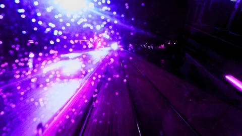 Night hyper lapse cold autumn night drops on the back window of the tram Stock Footage 98973539