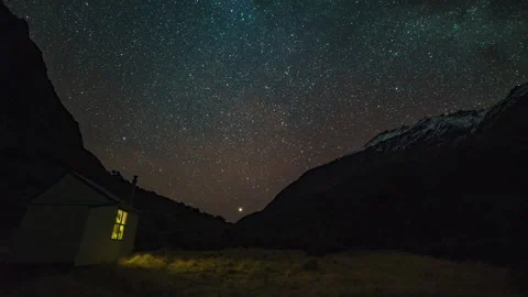 Night hyper lapse down valley with stars and hut Stock-Footage 160148415