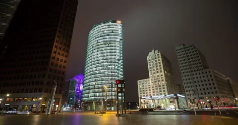 Night hyper lapse of modern architecture buildings at Potsdamer Platz Berlin Stock Footage 147173090