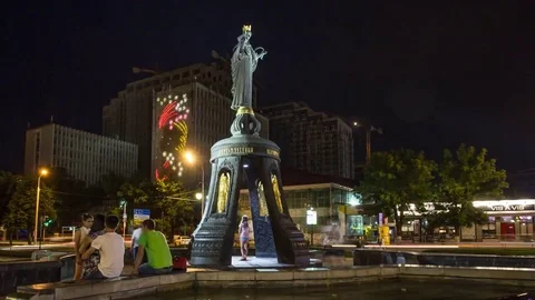 Night hyper Lapse of monument to Saint Catherine in Krasnodar landmark Stockbeeldmateriaal 84740107