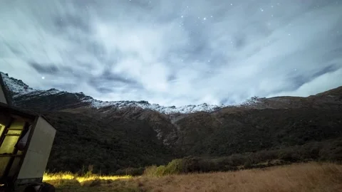 Night hyper lapse with stars and cloud by hut Stock Footage 160148403