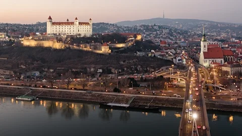 Night hyperlapse of Bratislava old town Stock Footage 124256119