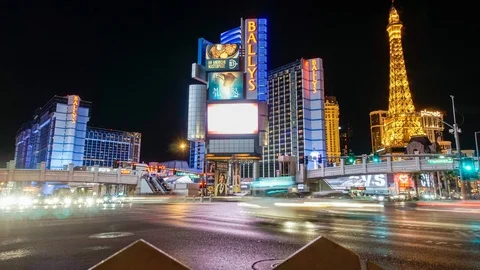 Night Hyperlapse Facing Bally's Hotel on Las Vegas Strip in 4k Stock Footage 87258404