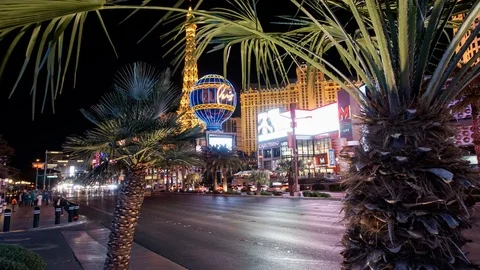 Night Hyperlapse of Las Vegas Strip Facing Hotel Paris in 4k Stock Footage 87258328
