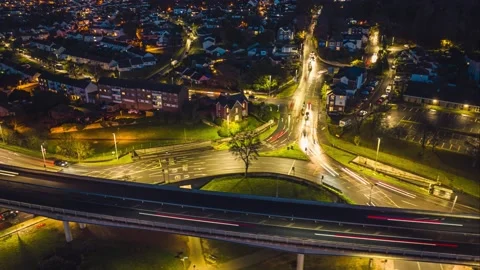 NIGHT in HYPERLAPSE over Penn Inn Flyover and Roundabout in Newton Abbot Stock Footage 226682182