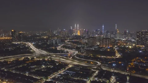 Night hyperlapse view of buildings and landmarks center Kuala Lumpur city Видео 126386817