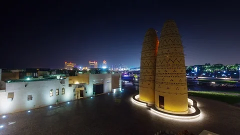 Night illuminated doha rooftop traffic streets panorama 4k timelapse qatar Stock Footage 87957771