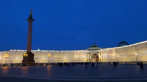 Night illumination of the Alexander Column on Palace Square Stock Footage 274346504