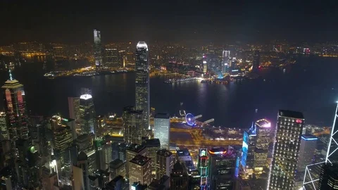 Night illumination hong kong city bay famous kowloon aerial panorama 4k china Stock Footage 75485936