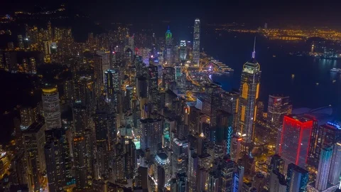 Night illumination hong kong city downtown aerial panorama 4k timelapse Stock Footage 112803084