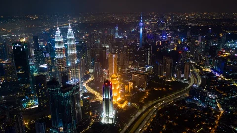 Night illumination kuala lumpur aerial panorama timelapse 4k malaysia Stock Footage 99703124