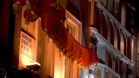 Night illumination red decorative lanterns Chinatown London Soho Wardour street Video stock 101511493