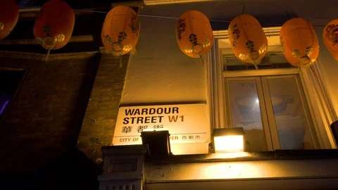 Night illumination red decorative lanterns Chinatown London Soho, Wardour street Video stock 101795687