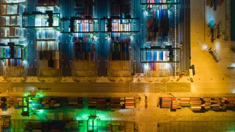 Night illumination singapore container port aerial topdown panorama 4k timelapse Stock Footage 105646784