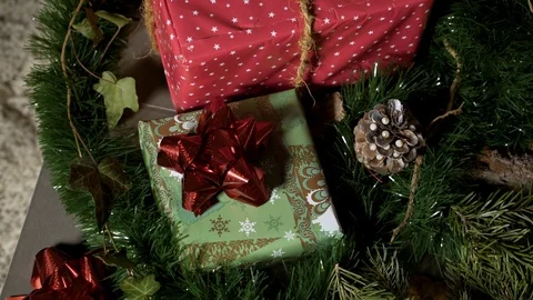 Night image of coffee table with authentic Chrismas decoration and lit candles. Stock-Footage 102658112