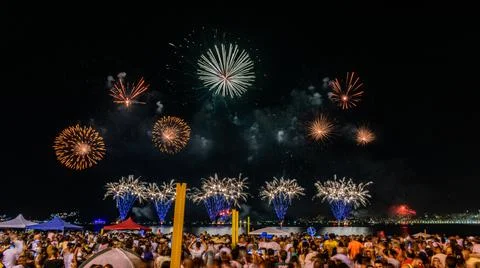 Night image with Réveillon fireworks exploding in the sky Stock Photos