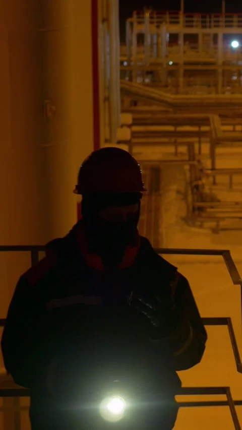 Night inspector at factory uses flashlight to check equipment. Detail-oriented Stock Footage 278668566