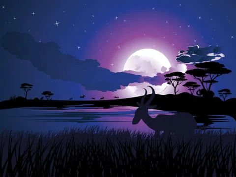 Night Landscape with Antelopes Ilustração Stock