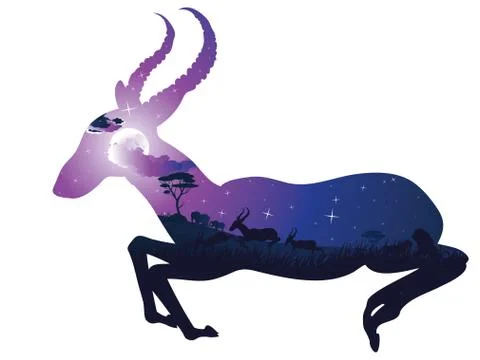 Night Landscape with Antelopes Stock Illustration