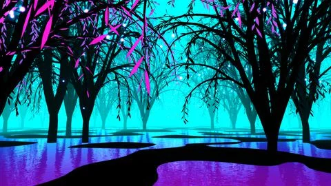 Night landscape, dark forest, river. Night sky, reflection in water Stock Illustration
