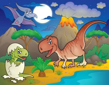 Night landscape with dinosaur theme - eps10 vector illustration. Stock Illustration