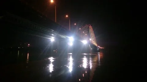 Night landscape with the fast river and bridge Stock Footage 49871125