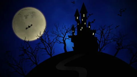 Night landscape with fly bats and witch castle with moon Stock Footage 166374152