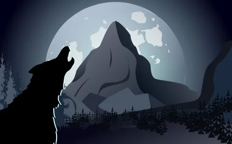 Night landscape with a howling wolf on a background of the moon and mountains Stock Illustration