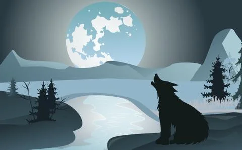 Night landscape with a howling wolf on a background of the moon and mountains Stock Illustration