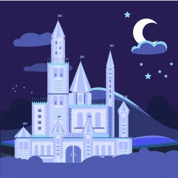 Night landscape illustration with castle Vector flat Illustrazione stock