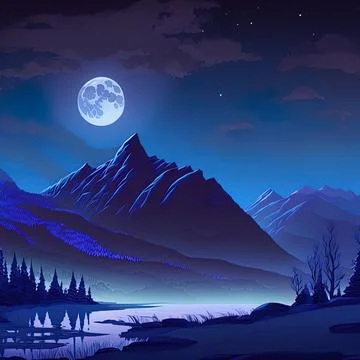 Night landscape with mountains and full moon. Stock Illustration