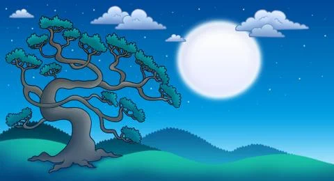 Night landscape with old pine tree Illustrazione stock