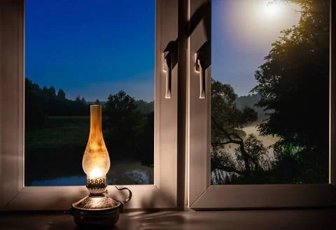 Night landscape outside the window moon old lamp windowsill night landscap... Stock Photos