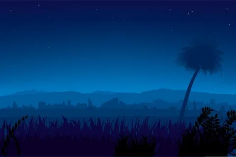 Night landscape with palm tree and city at the background. Stock Illustration